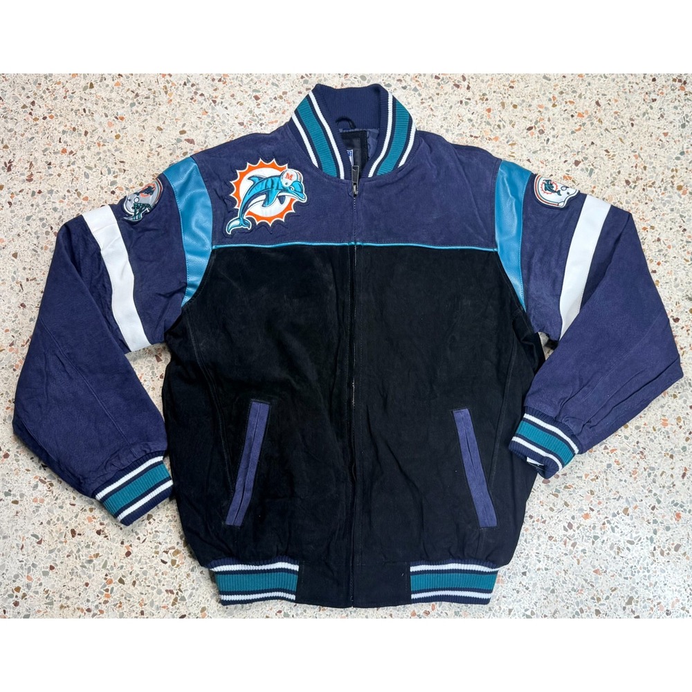 NFL G-III Vtg Miami Dolphins Embroidered Suede Varsity Jacket Size Medium